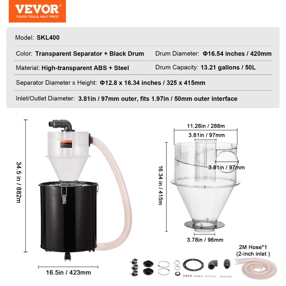 Cyclone Dust Separator w/ Tank Vacuum Cleaner Separator 4" for 13 Gal Tank