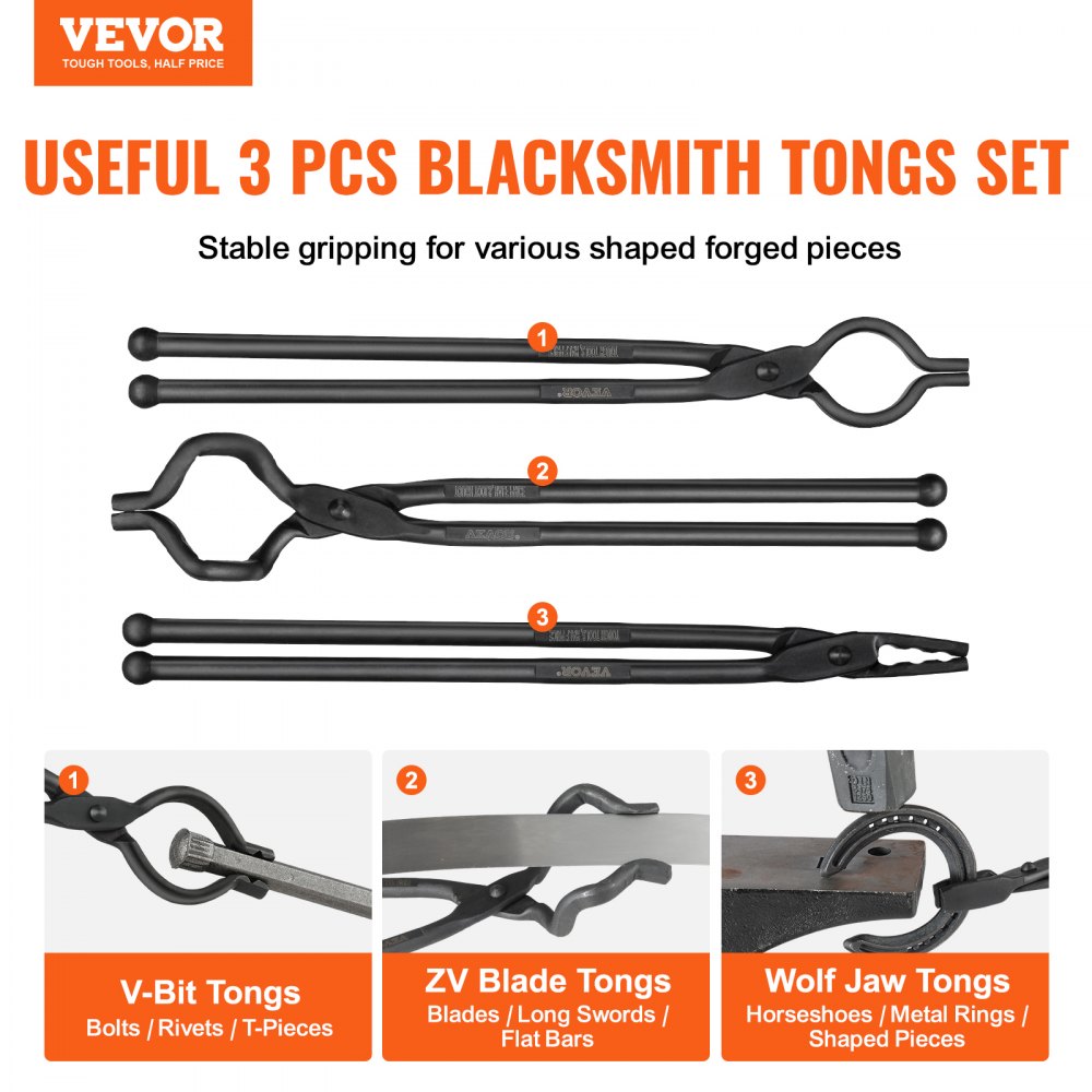 Blacksmith Tongs, 18” 3 PCS, V-Bit Bolt Tongs, Wolf Jaw Tongs and Z V-Bit Tongs, Carbon Steel Forge Tongs with A3 Steel Rivets, for Beginner and Seasoned Blacksmiths, Bladesmiths and Craftsmen