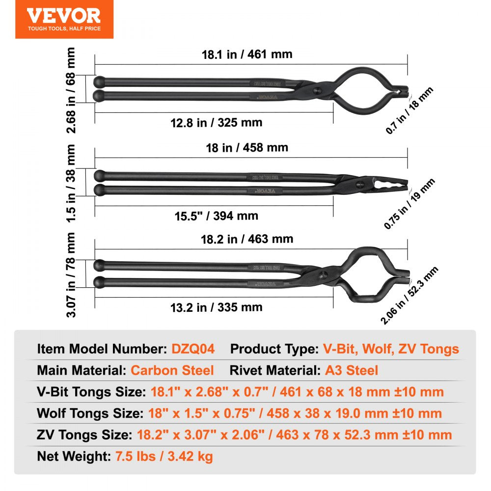 Blacksmith Tongs, 18” 3 PCS, V-Bit Bolt Tongs, Wolf Jaw Tongs and Z V-Bit Tongs, Carbon Steel Forge Tongs with A3 Steel Rivets, for Beginner and Seasoned Blacksmiths, Bladesmiths and Craftsmen