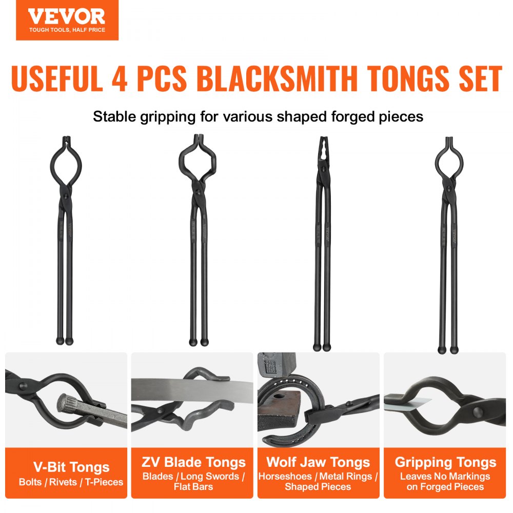 Blacksmith Tongs, 18” 4 PCS, V-Bit Bolt Tongs, Wolf Jaw Tongs, Z V-Bit Tongs and Gripping Tongs, Carbon Steel Forge Tongs with A3 Steel Rivets, for Beginner and Seasoned Blacksmiths, Bladesmiths