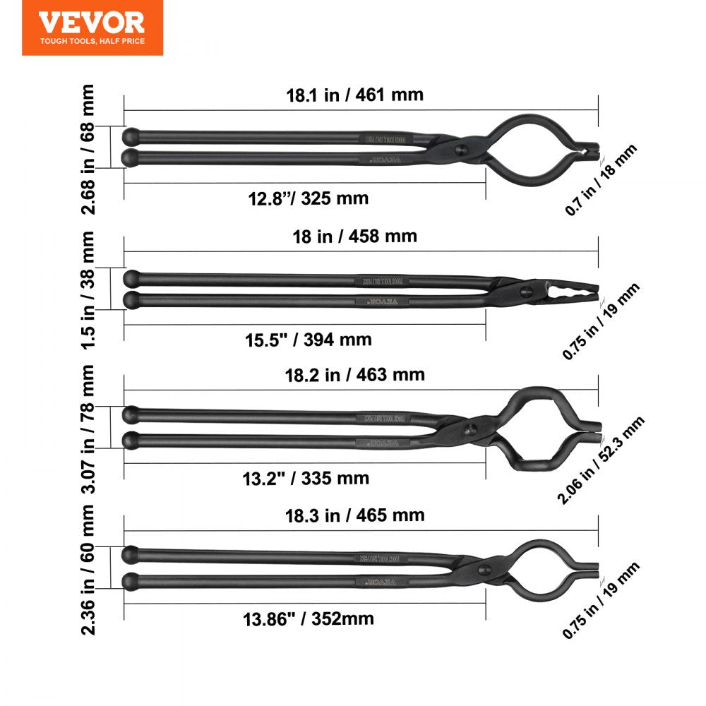 Blacksmith Tongs, 18” 4 PCS, V-Bit Bolt Tongs, Wolf Jaw Tongs, Z V-Bit Tongs and Gripping Tongs, Carbon Steel Forge Tongs with A3 Steel Rivets, for Beginner and Seasoned Blacksmiths, Bladesmiths
