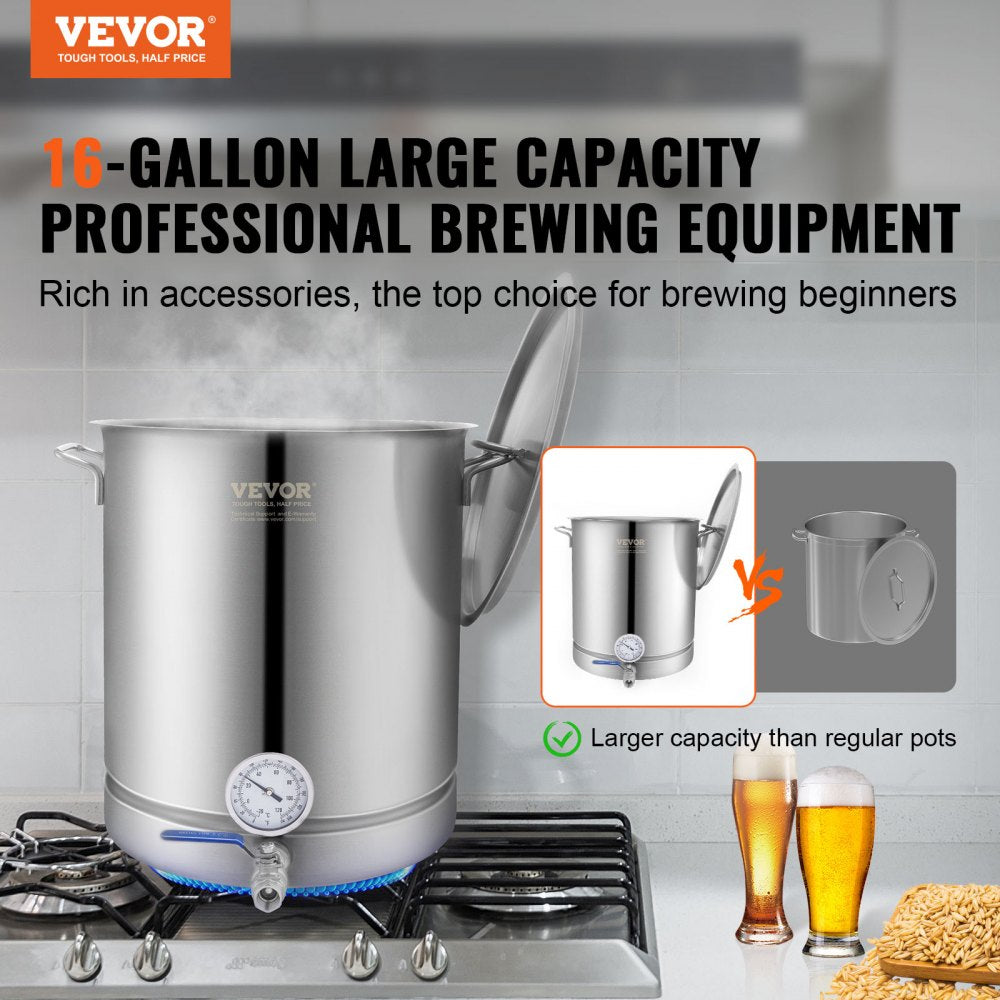 Stainless Steel Kettle, 16 GALLON Brewing Pot, Tri Ply Bottom for Beer, Brew Kettle Pot, Home Brewing Supplies Includes Lid, Handle, Thermometer, Ball Valve Spigot, Filter, Filter Tray