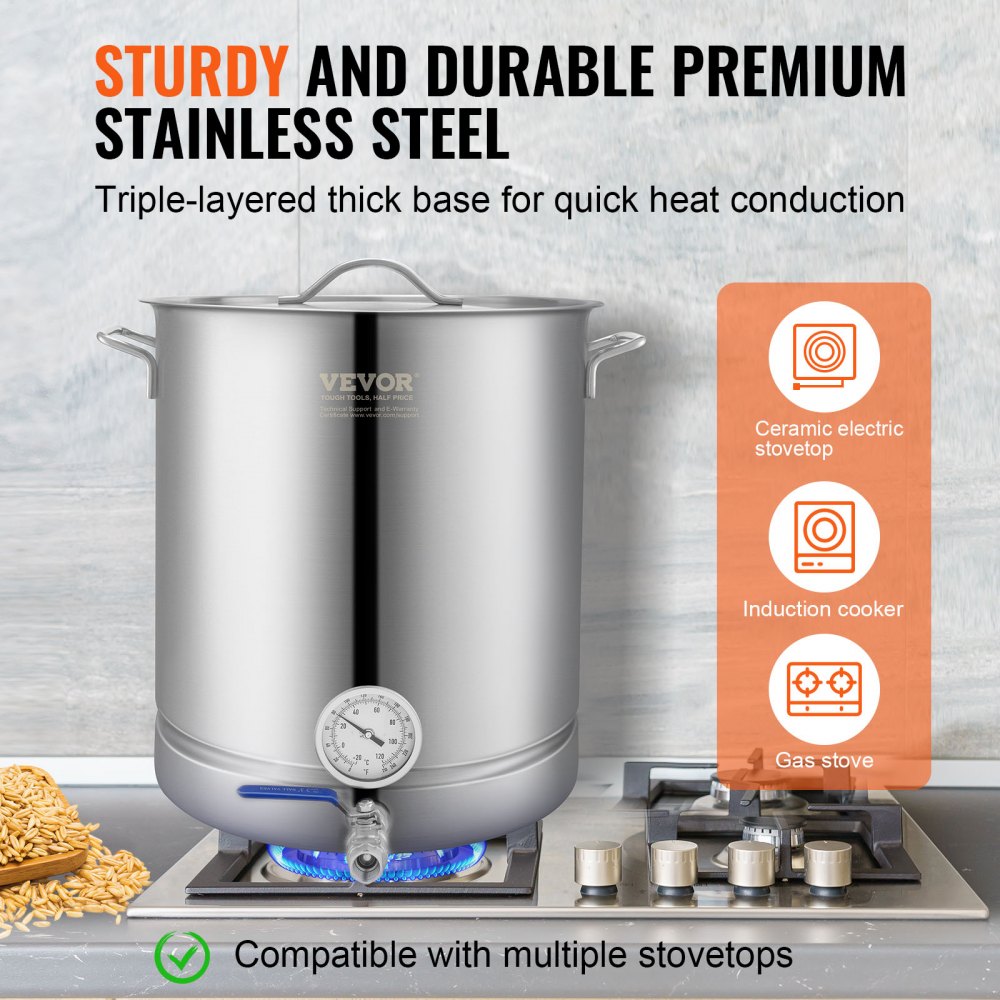 Stainless Steel Kettle, 16 GALLON Brewing Pot, Tri Ply Bottom for Beer, Brew Kettle Pot, Home Brewing Supplies Includes Lid, Handle, Thermometer, Ball Valve Spigot, Filter, Filter Tray