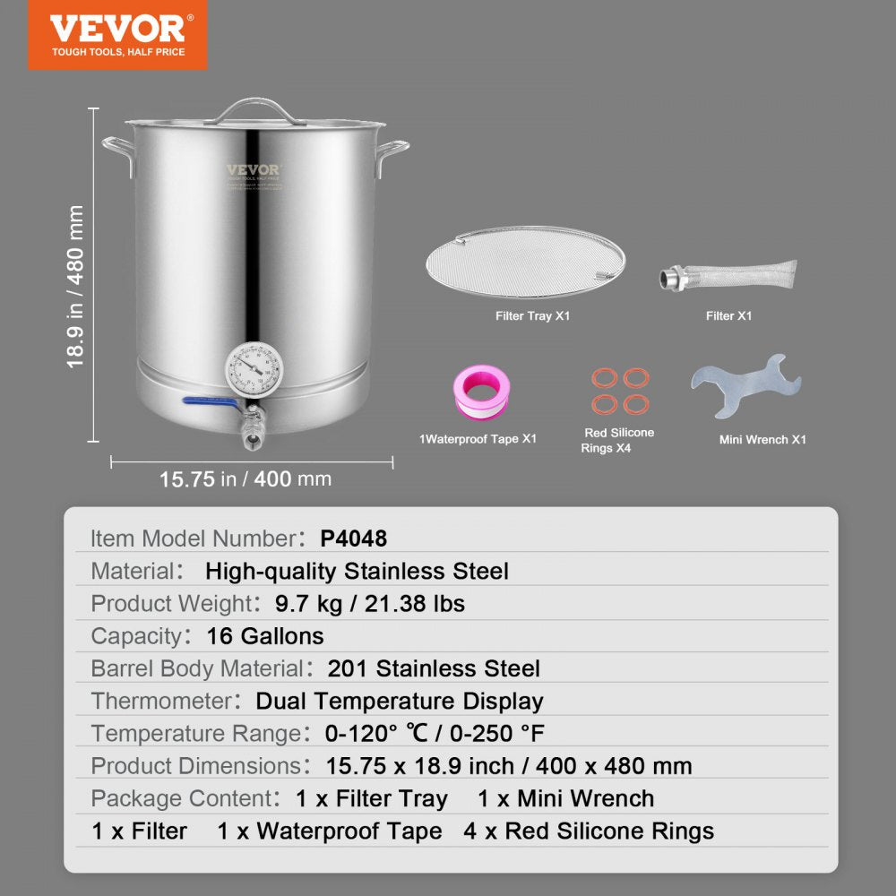 Stainless Steel Kettle, 16 GALLON Brewing Pot, Tri Ply Bottom for Beer, Brew Kettle Pot, Home Brewing Supplies Includes Lid, Handle, Thermometer, Ball Valve Spigot, Filter, Filter Tray