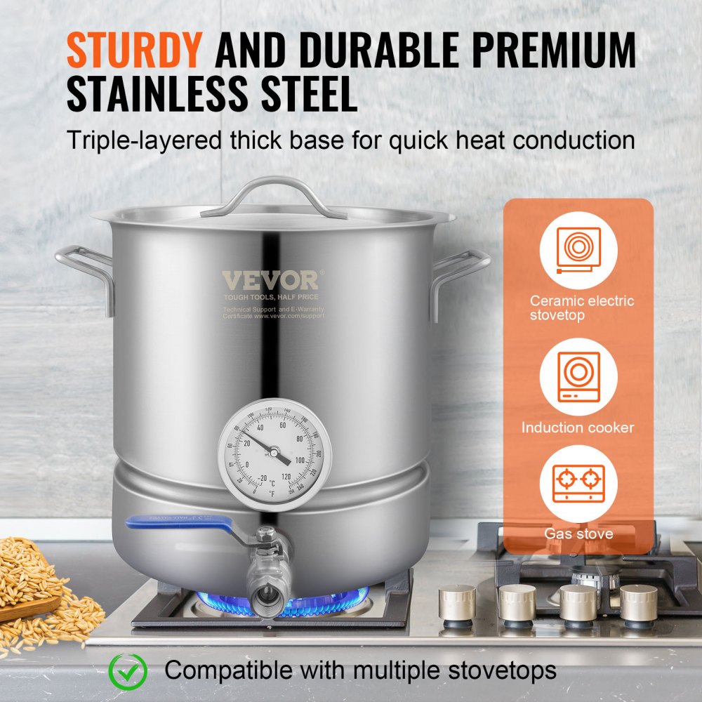 Stainless Steel Kettle, 5 GALLON Brewing Pot, Tri Ply Bottom for Beer, Brew Kettle Pot, Home Brewing Supplies Includes Lid, Handle, Thermometer, Ball Valve Spigot, Filter, Filter Tray
