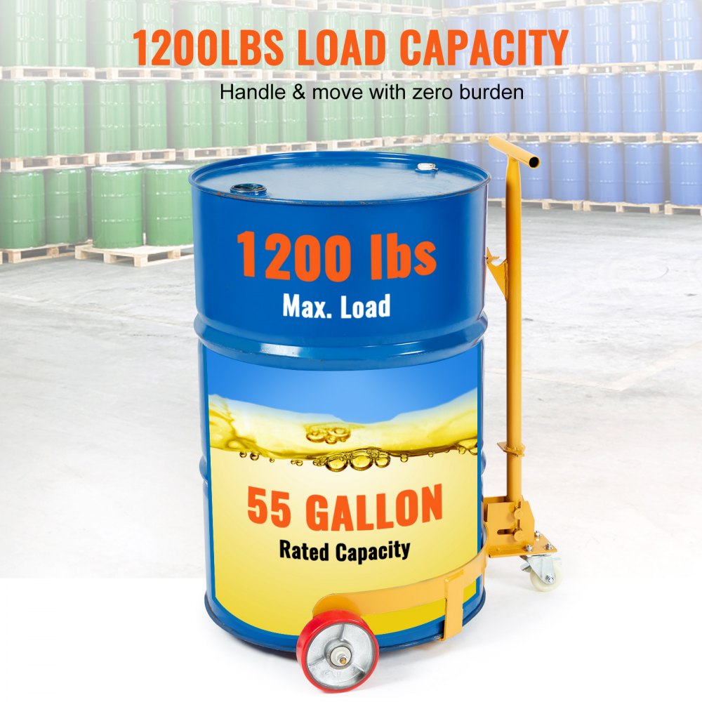 55 Gallon Drum Dolly, 1200 lbs Load Capacity, Barrel Dolly Cart Drum Caddy Round Dolly Steel Low Profile, Heavy Duty Steel Frame with Adjustable Handle 3 Wheels, for Workshop Factory Warehouse