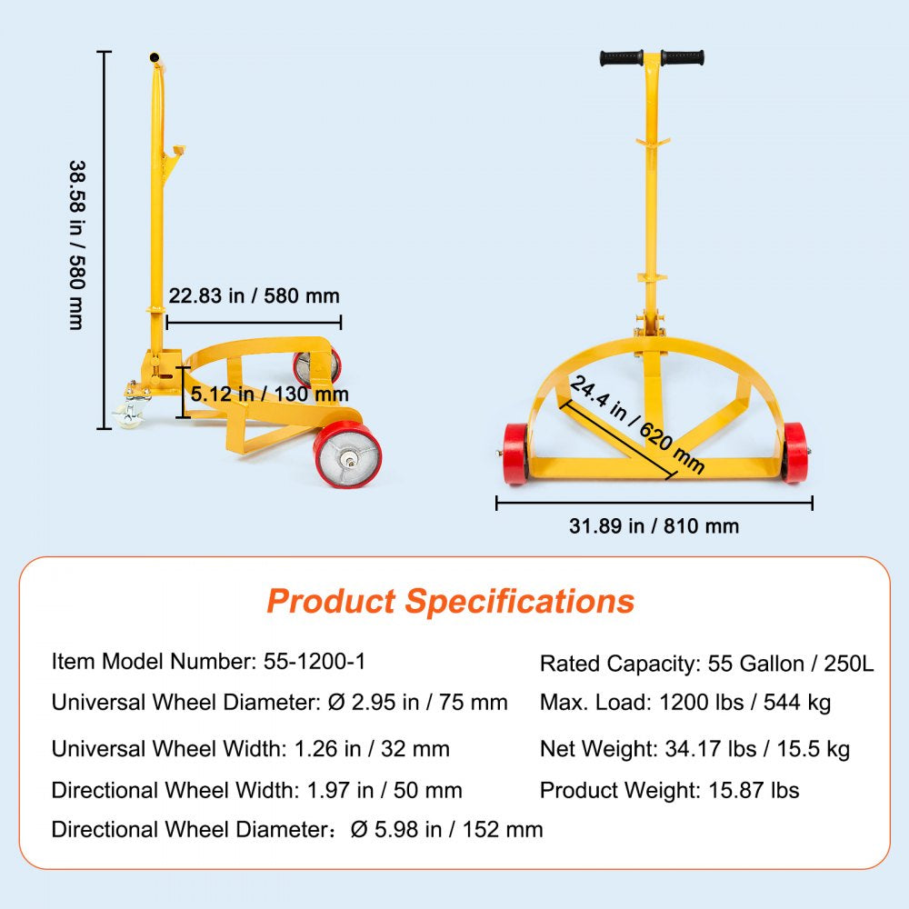 55 Gallon Drum Dolly, 1200 lbs Load Capacity, Barrel Dolly Cart Drum Caddy Round Dolly Steel Low Profile, Heavy Duty Steel Frame with Adjustable Handle 3 Wheels, for Workshop Factory Warehouse