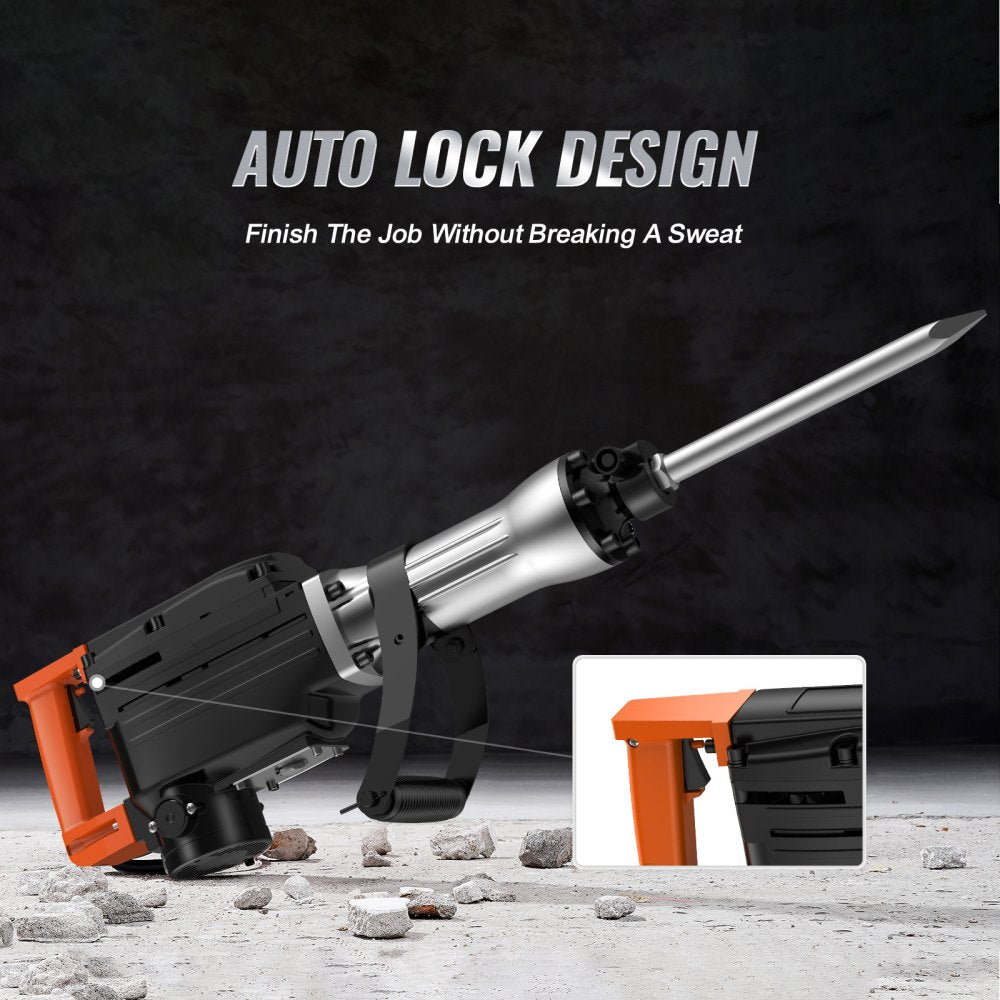 Bostome 2200W electric demolition jack hammer with four chisels and durable metal case.