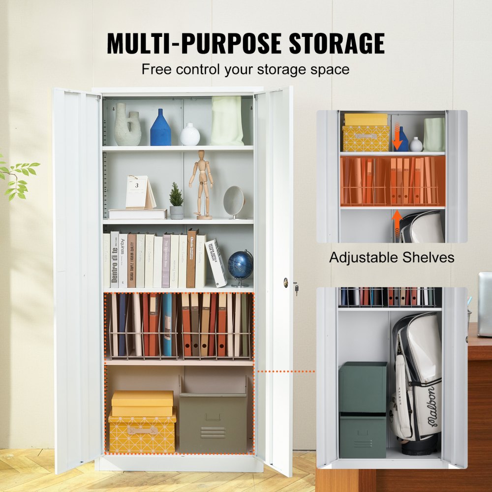 Metal Storage Cabinet, Steel Locking Storage Cabinet with 2 Magnetic Doors and 4 Adjustable Shelves, 71`` Metal Cabinet 200 lbs Capacity per Shelf with 3 Keys, for Garage, Office, Home, White