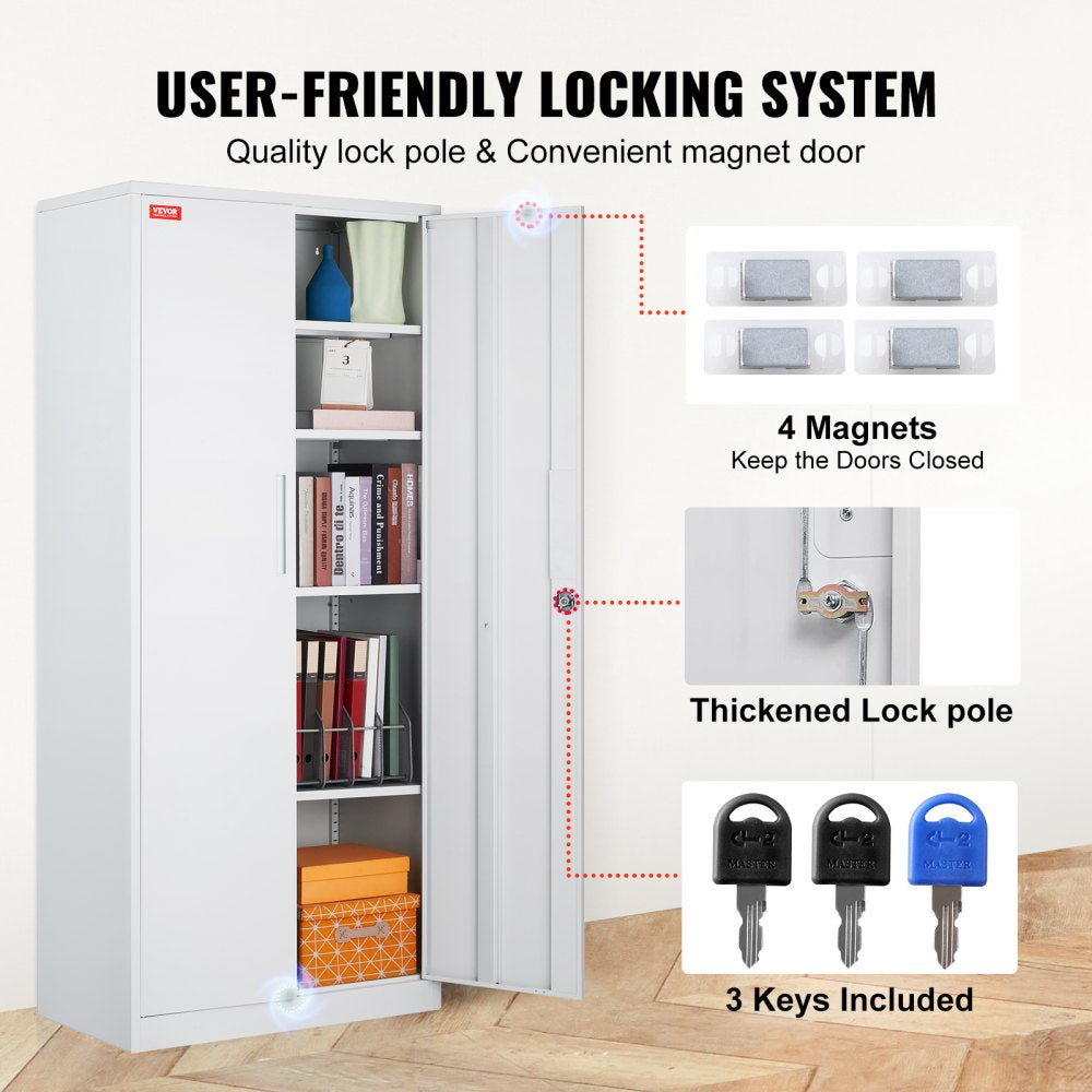 Metal Storage Cabinet, Steel Locking Storage Cabinet with 2 Magnetic Doors and 4 Adjustable Shelves, 71`` Metal Cabinet 200 lbs Capacity per Shelf with 3 Keys, for Garage, Office, Home, White