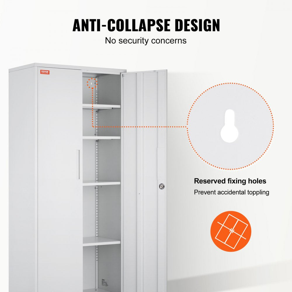 Metal Storage Cabinet, Steel Locking Storage Cabinet with 2 Magnetic Doors and 4 Adjustable Shelves, 71`` Metal Cabinet 200 lbs Capacity per Shelf with 3 Keys, for Garage, Office, Home, White