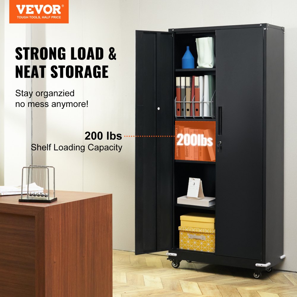 Metal Storage Cabinet with Wheels, 75 in Locking Cabinet with 4 Adjustable Shelves & 2 Magnetic Doors, 200 lbs Capacity per Shelf, Metal Cabinet with 3 Keys for Home, Office, Garage, Black