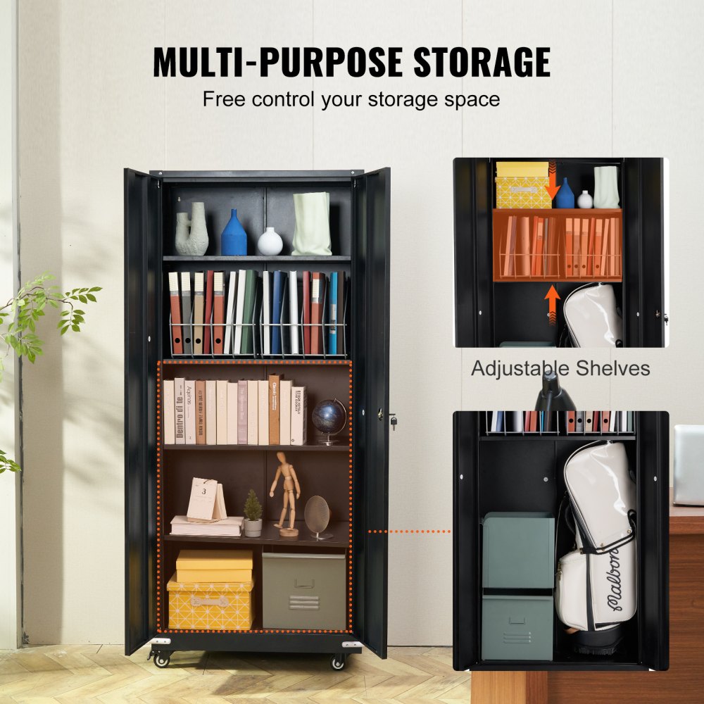 Metal Storage Cabinet with Wheels, 75 in Locking Cabinet with 4 Adjustable Shelves & 2 Magnetic Doors, 200 lbs Capacity per Shelf, Metal Cabinet with 3 Keys for Home, Office, Garage, Black