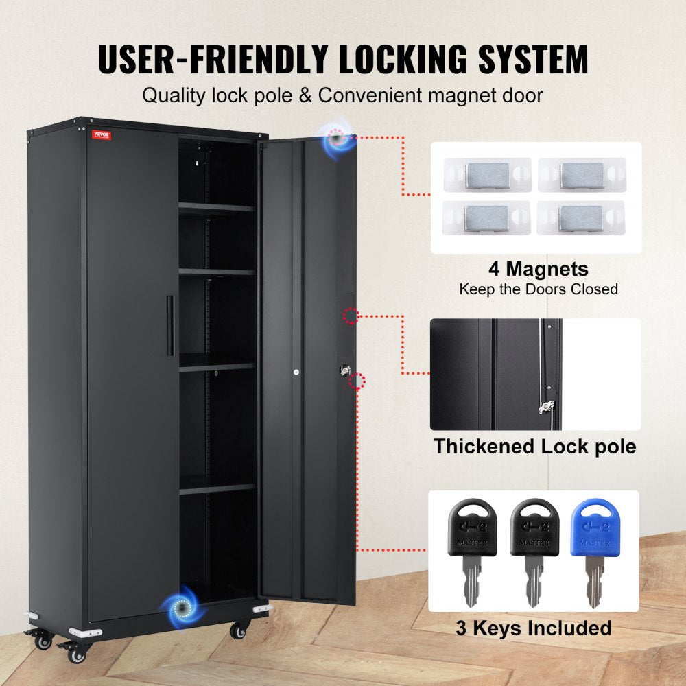 Metal Storage Cabinet with Wheels, 75 in Locking Cabinet with 4 Adjustable Shelves & 2 Magnetic Doors, 200 lbs Capacity per Shelf, Metal Cabinet with 3 Keys for Home, Office, Garage, Black