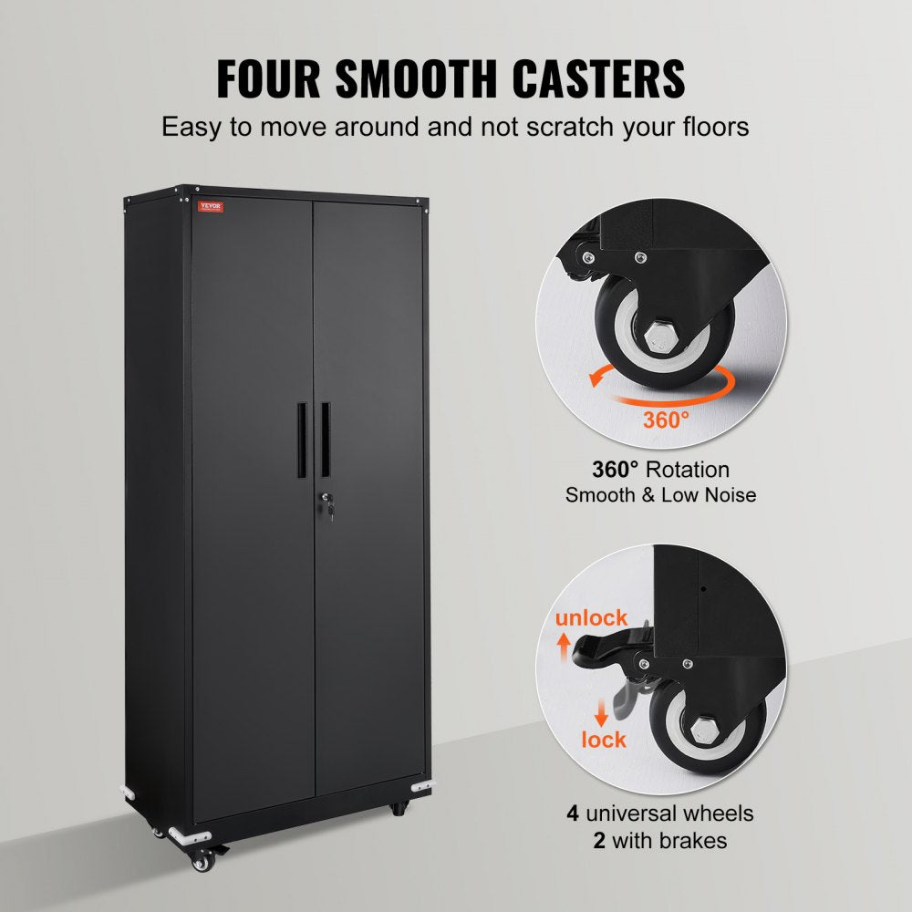 Metal Storage Cabinet with Wheels, 75 in Locking Cabinet with 4 Adjustable Shelves & 2 Magnetic Doors, 200 lbs Capacity per Shelf, Metal Cabinet with 3 Keys for Home, Office, Garage, Black