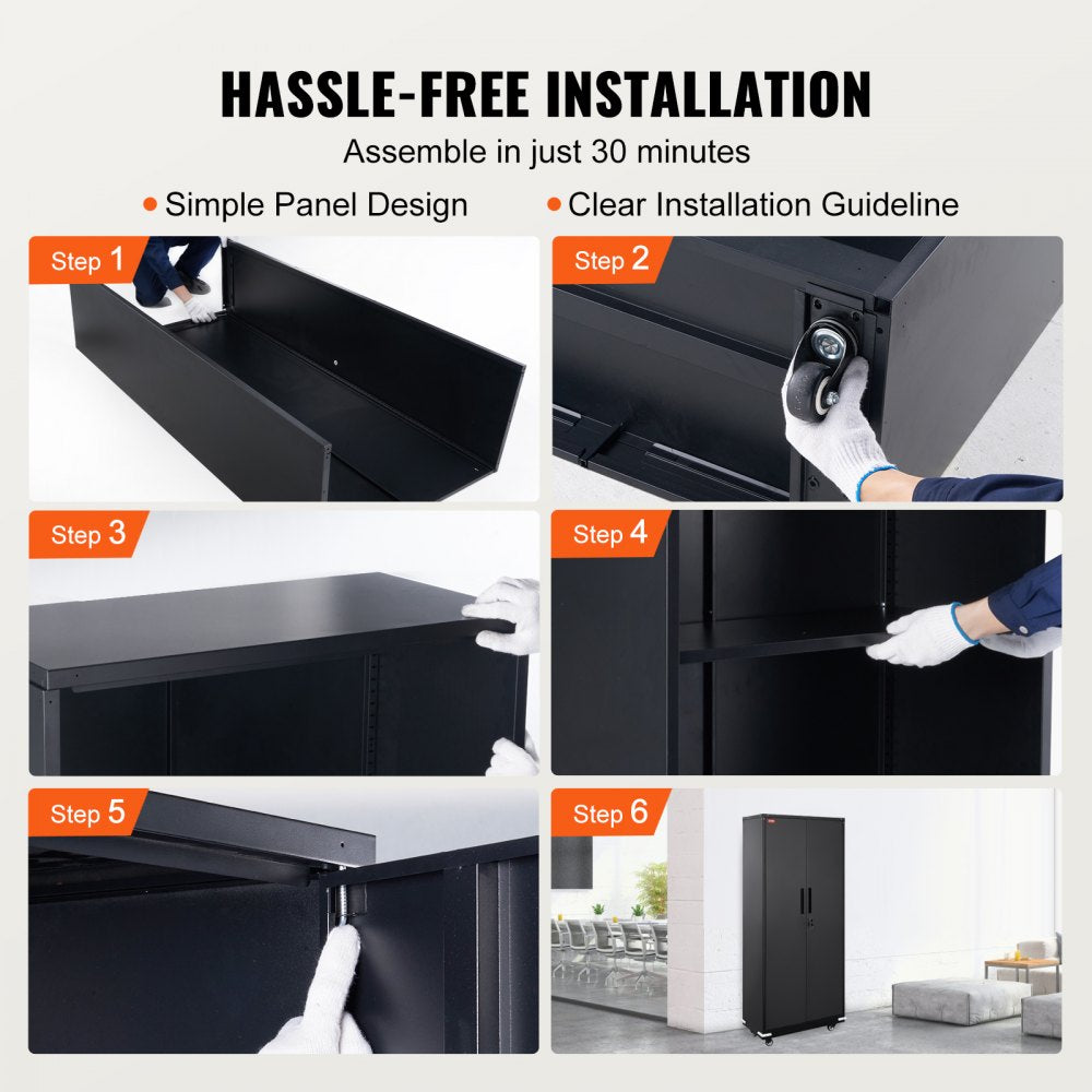 Metal Storage Cabinet with Wheels, 75 in Locking Cabinet with 4 Adjustable Shelves & 2 Magnetic Doors, 200 lbs Capacity per Shelf, Metal Cabinet with 3 Keys for Home, Office, Garage, Black
