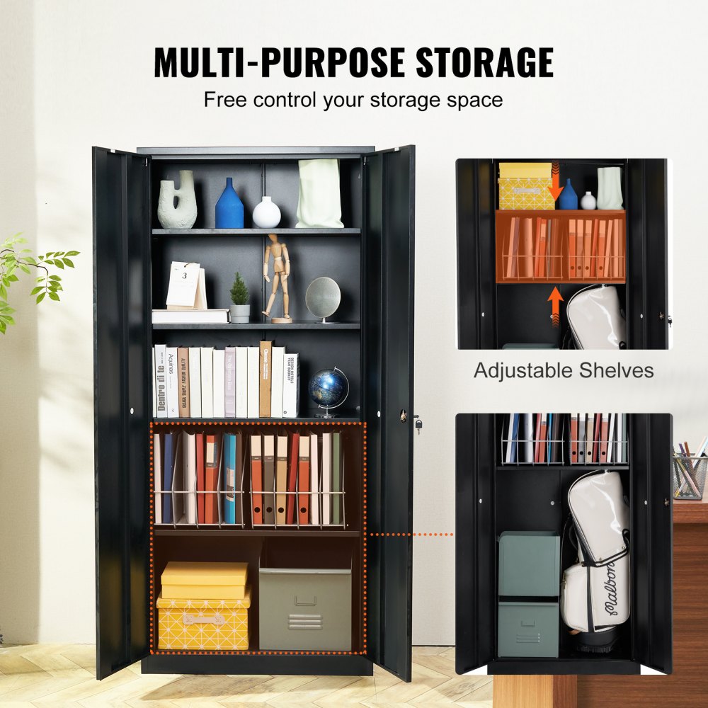 Metal Storage Cabinet, Steel Locking Storage Cabinet with 2 Magnetic Doors and 4 Adjustable Shelves, 71`` Metal Cabinet 200 lbs Capacity per Shelf with 3 Keys, for Office, Home, Garage, Black