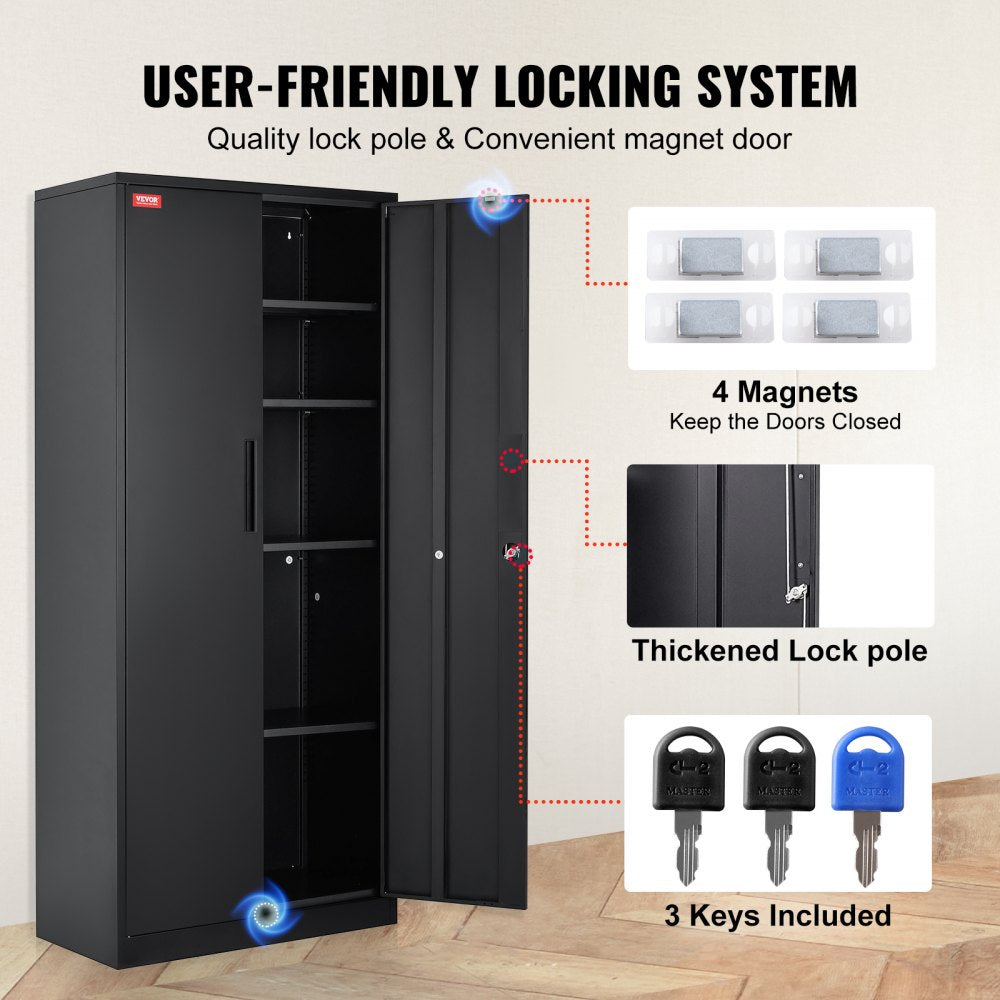 Metal Storage Cabinet, Steel Locking Storage Cabinet with 2 Magnetic Doors and 4 Adjustable Shelves, 71`` Metal Cabinet 200 lbs Capacity per Shelf with 3 Keys, for Office, Home, Garage, Black