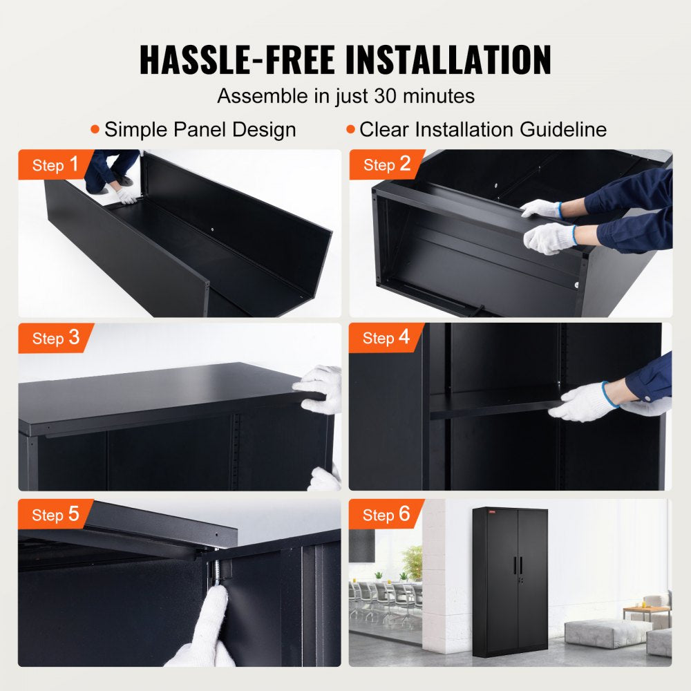Metal Storage Cabinet, Steel Locking Storage Cabinet with 2 Magnetic Doors and 4 Adjustable Shelves, 71`` Metal Cabinet 200 lbs Capacity per Shelf with 3 Keys, for Office, Home, Garage, Black