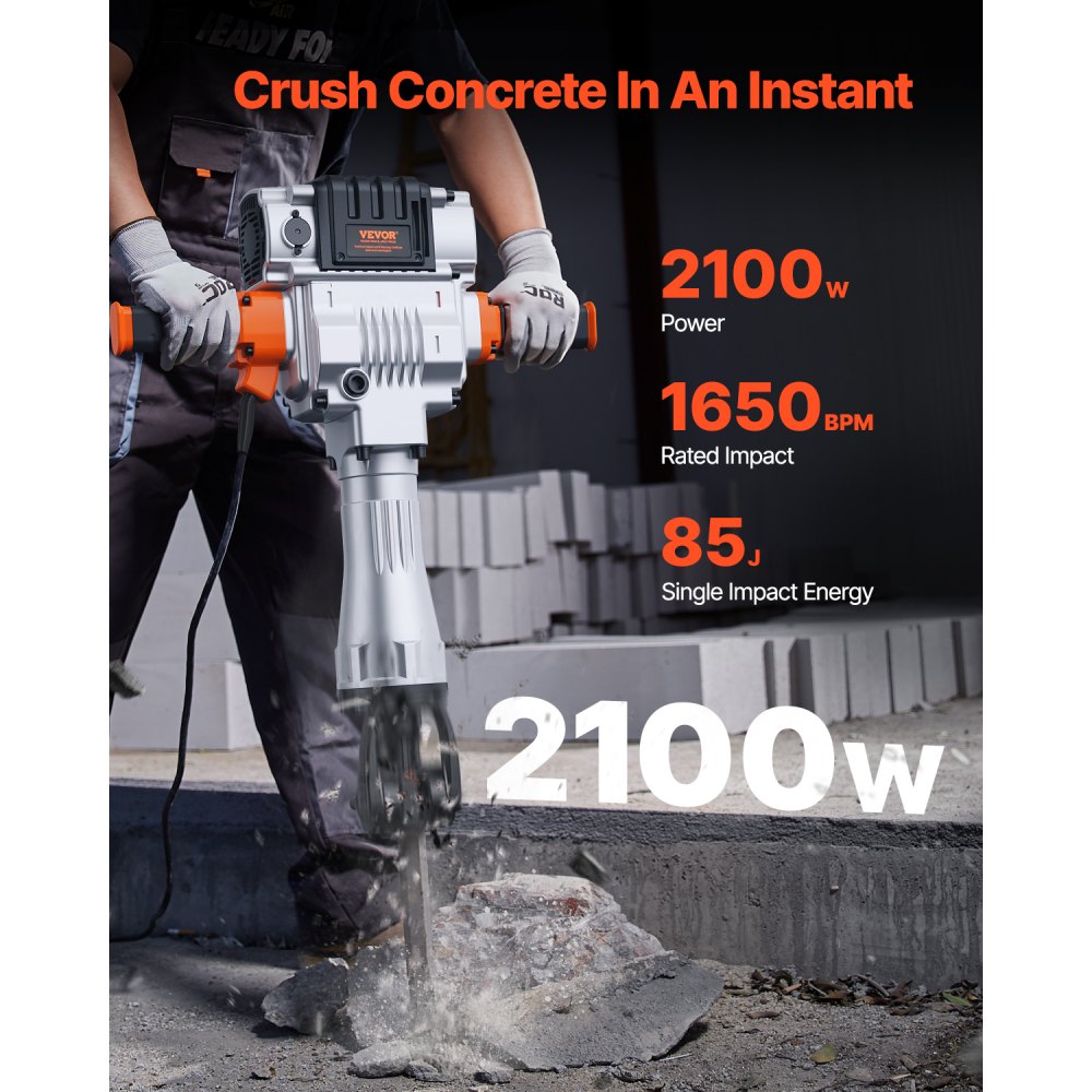 Bostome 2100W Demolition Jack Hammer with two chisels and a T-shaped handle for stability.