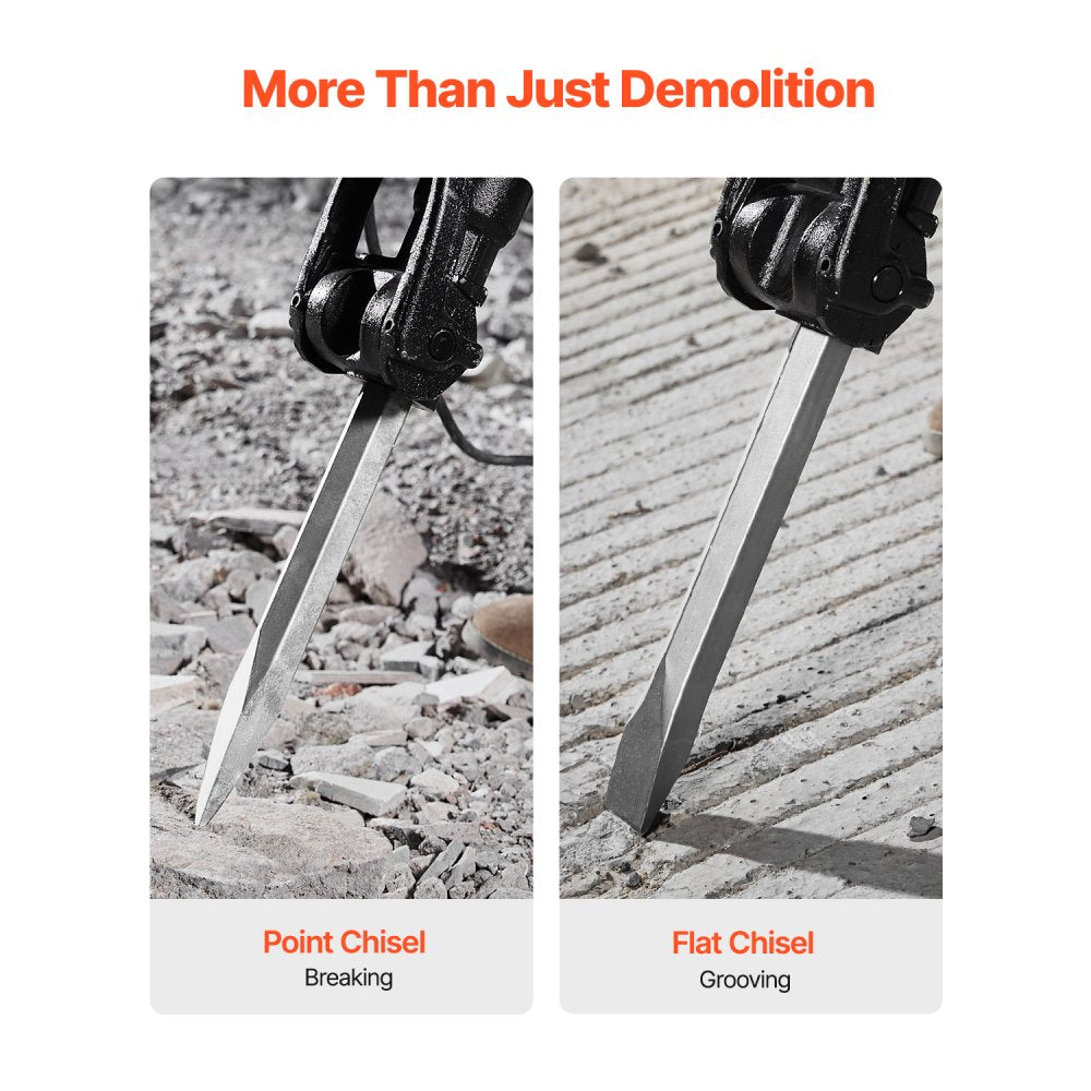 Bostome 2100W demolition jack hammer with two chisels and T-shaped handle for stability.
