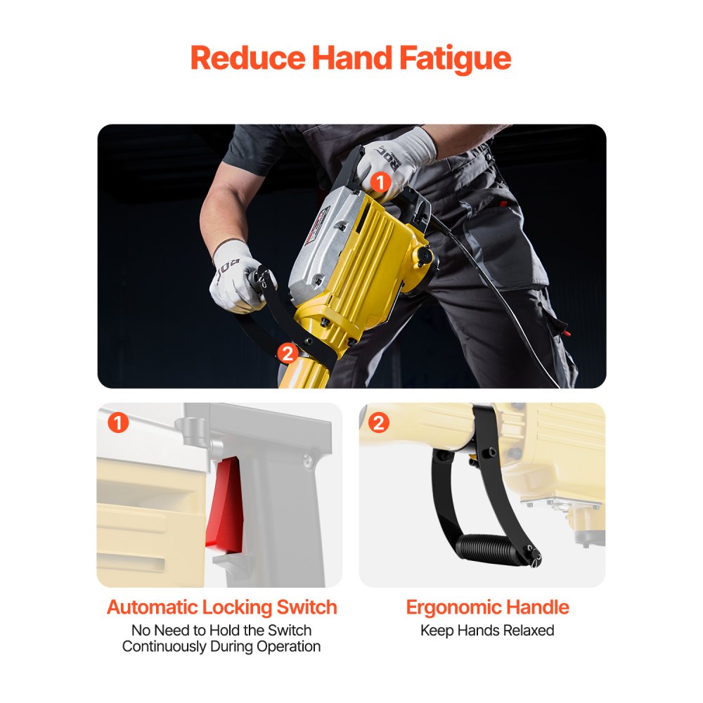 Bostome 2200W Electric Demolition Jack Hammer with chisel bits and carrying case.