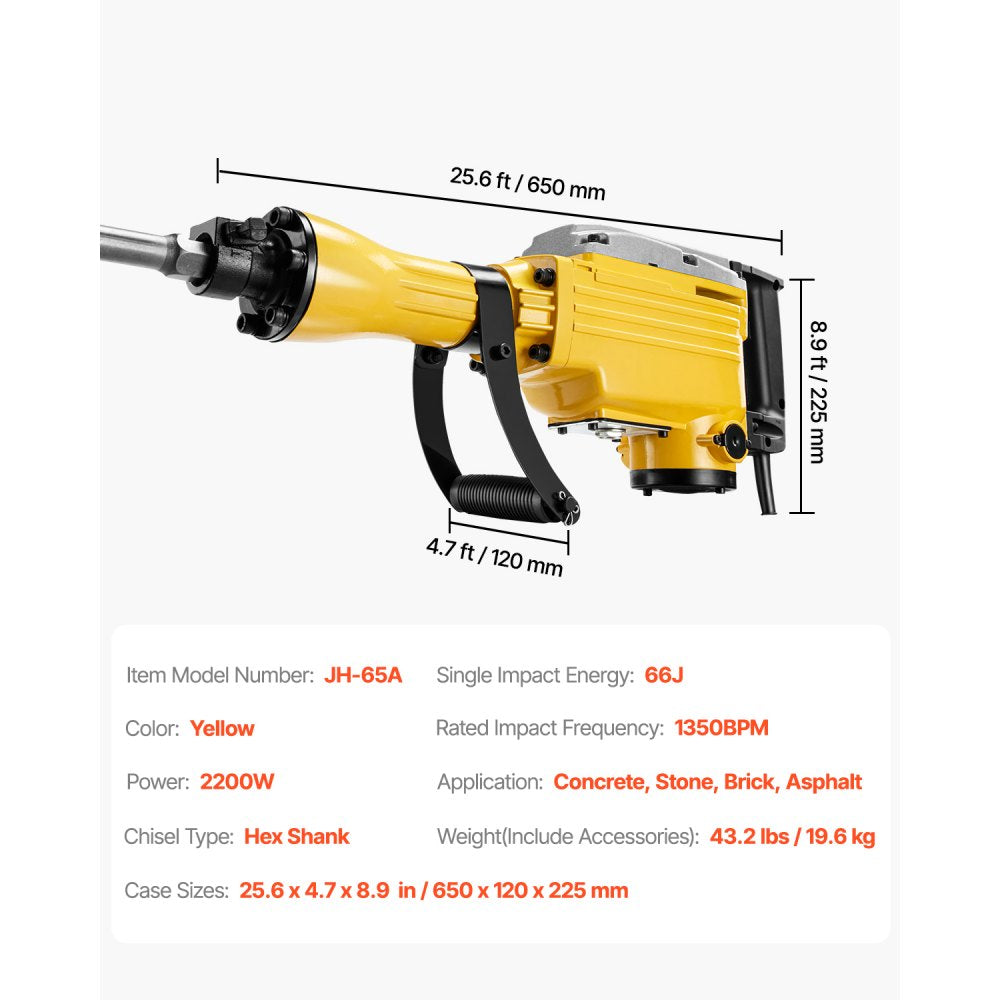 Bostome 2200W Electric Demolition Jack Hammer with flat and point chisel bits and carrying case.