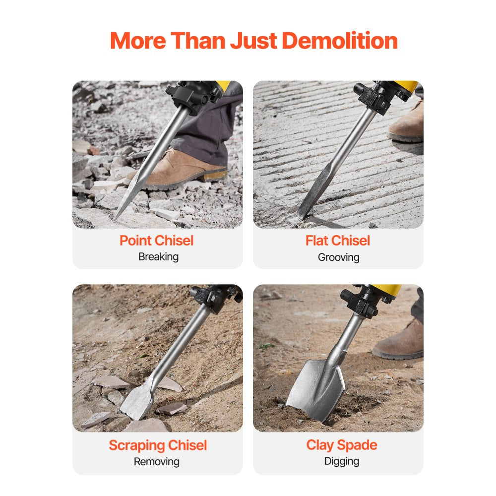 Bostome 2200W electric demolition jack hammer with four chisel bits: point, flat, scraping, and clay spade.