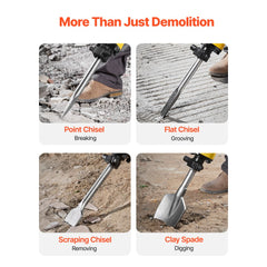 Bostome 2200W electric demolition jack hammer with four chisel bits: point, flat, scraping, and clay spade.