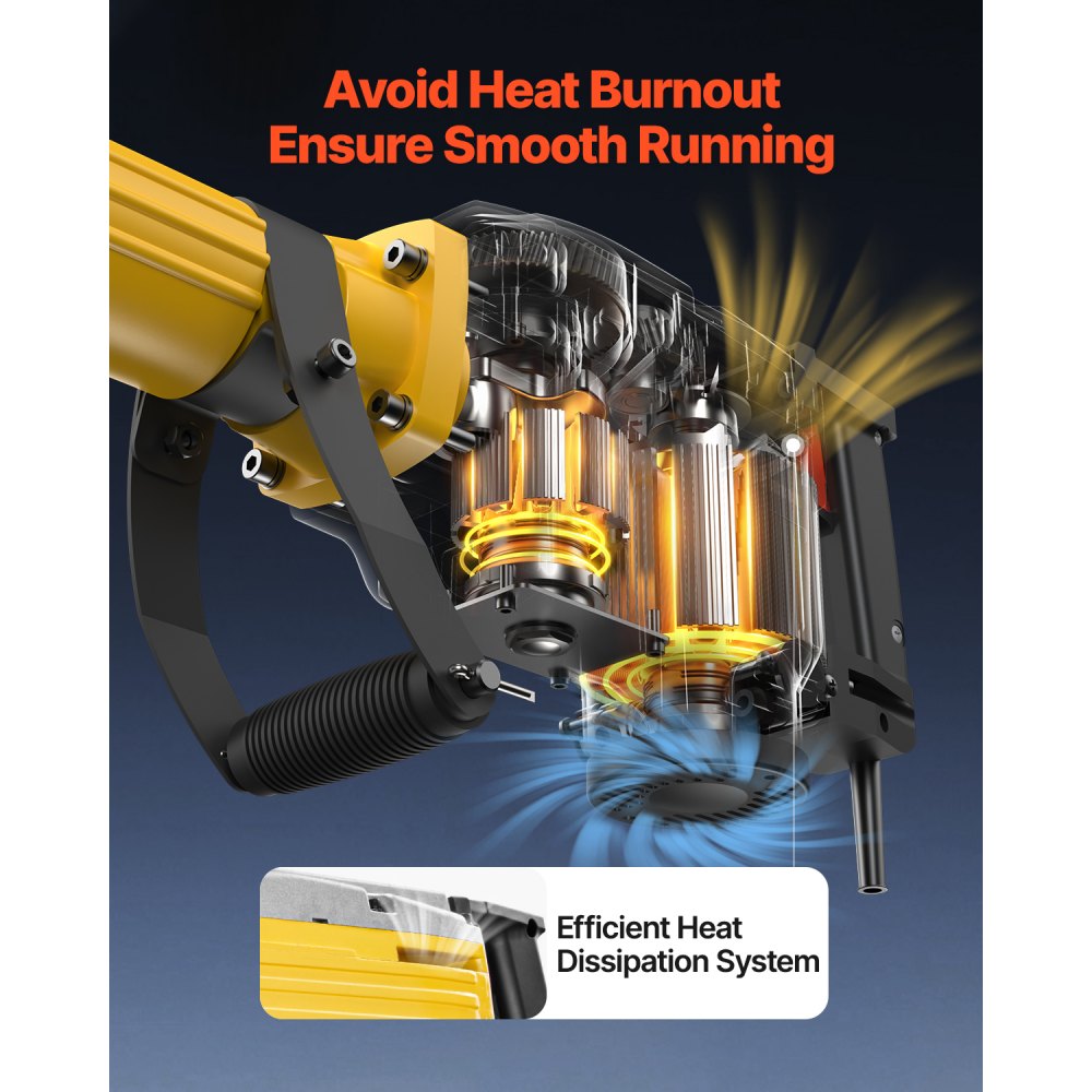 Yellow electric demolition jack hammer with cooling fan and heat dissipation system.