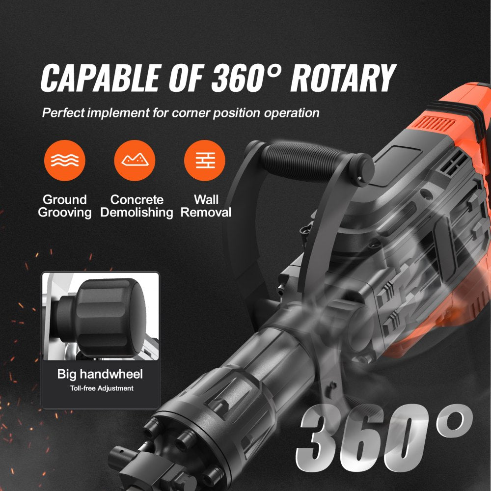 An orange and black electric demolition jack hammer with a 360-degree rotary handle.