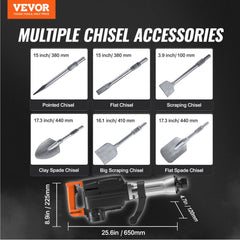 Black Bostome 2200W electric demolition jack hammer with 1400 BPM, shown with multiple chisel accessories.