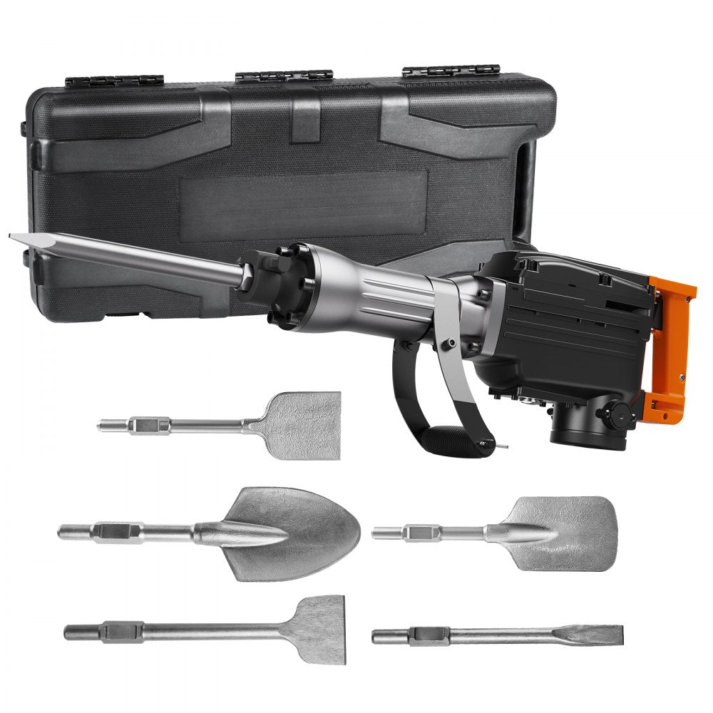 Black 2200W electric demolition jack hammer with chisels and carrying case.