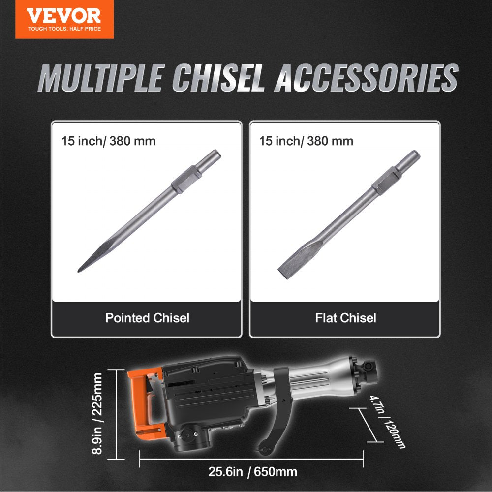 Bostome 2200W Electric Demolition Jack Hammer with ergonomic handle and two chisels included.