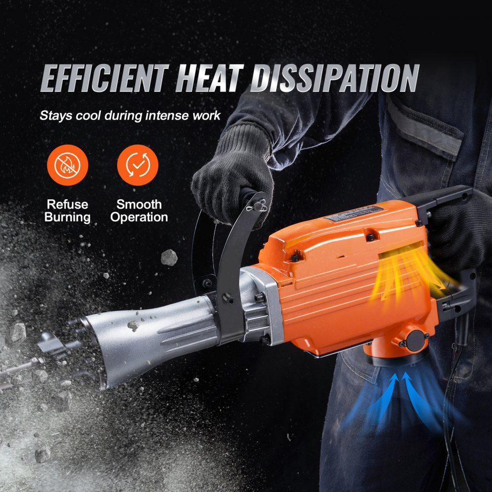 Bostome 2200W electric demolition jack hammer with six chisel bits and 360° rotary handle.