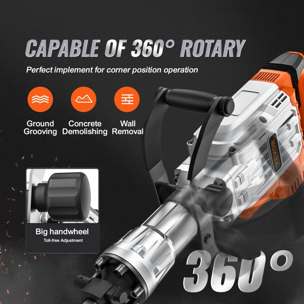 Bostome 3500W electric demolition jack hammer with 360-degree rotary handle and two chisels.