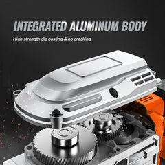 Close-up of electric demolition jack hammer's integrated aluminum body with gears and orange accents.