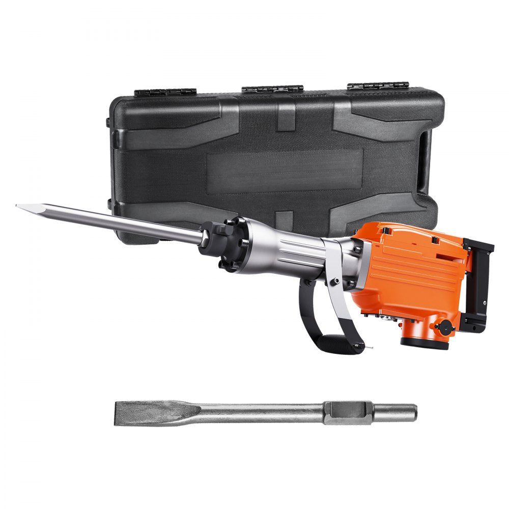 Orange 2200W electric demolition jack hammer with two chisel bits and carrying case.