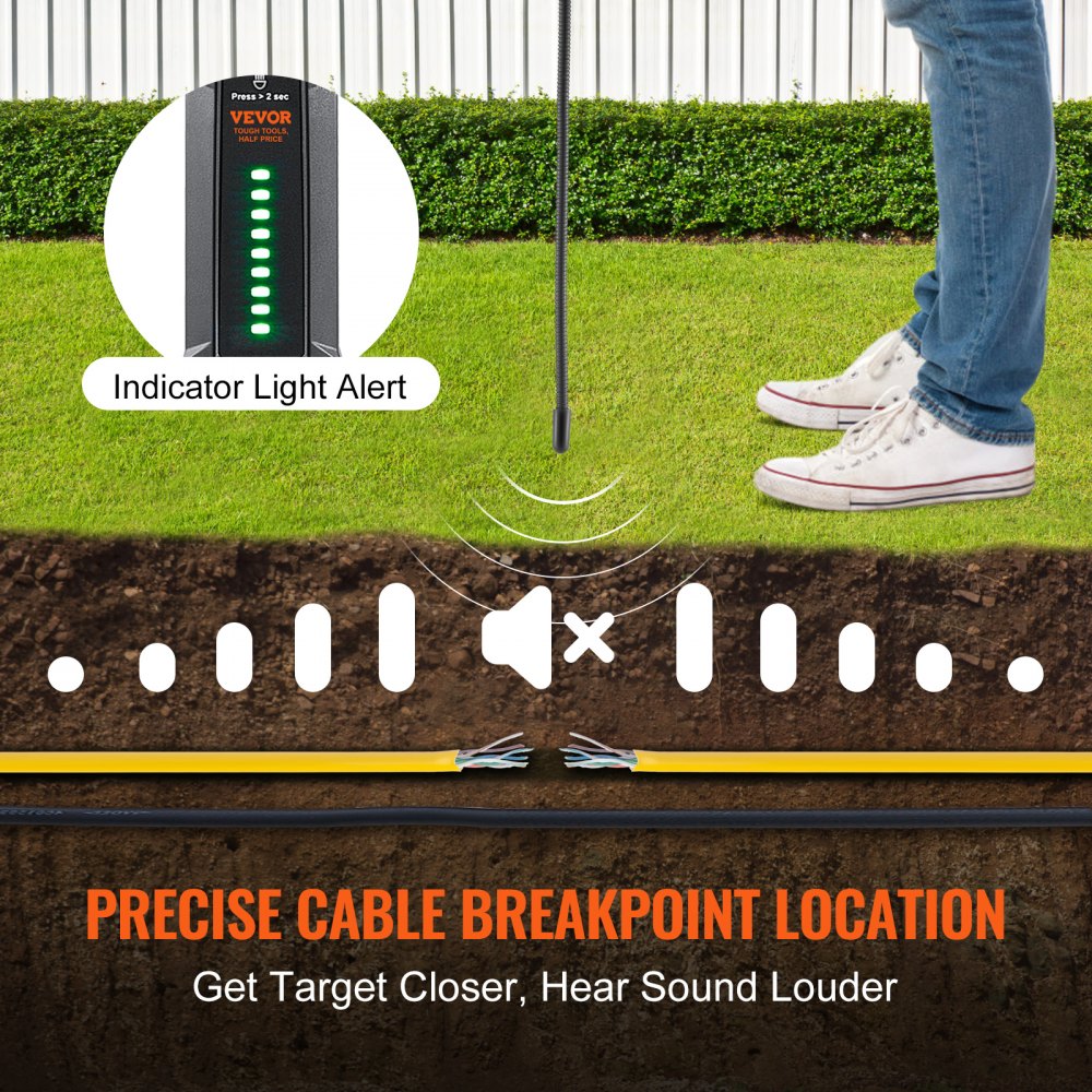 Bostome Underground Cable Locator with a display, controls, and built-in LED flashlight.