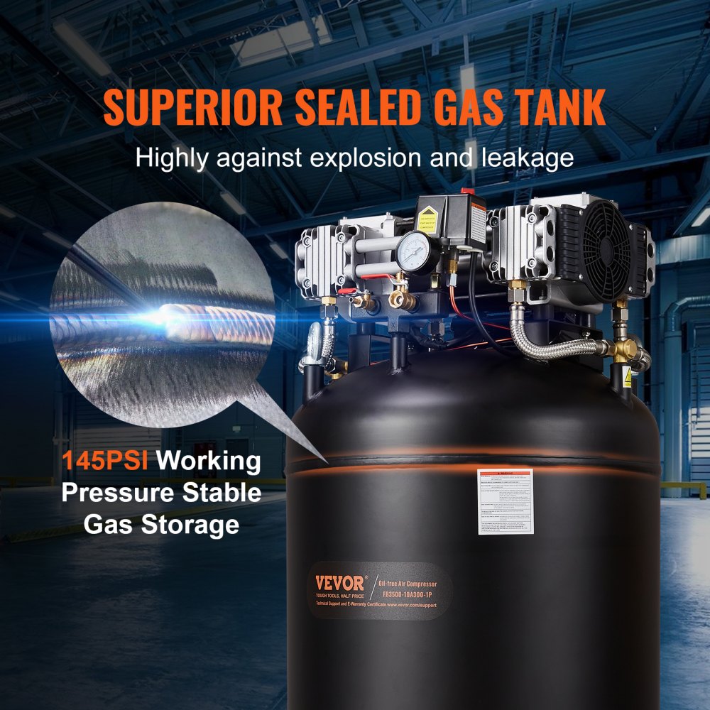 Bostome 80-gallon oil-free 2-stage air compressor with 6.5HP motor and 145 PSI capacity.