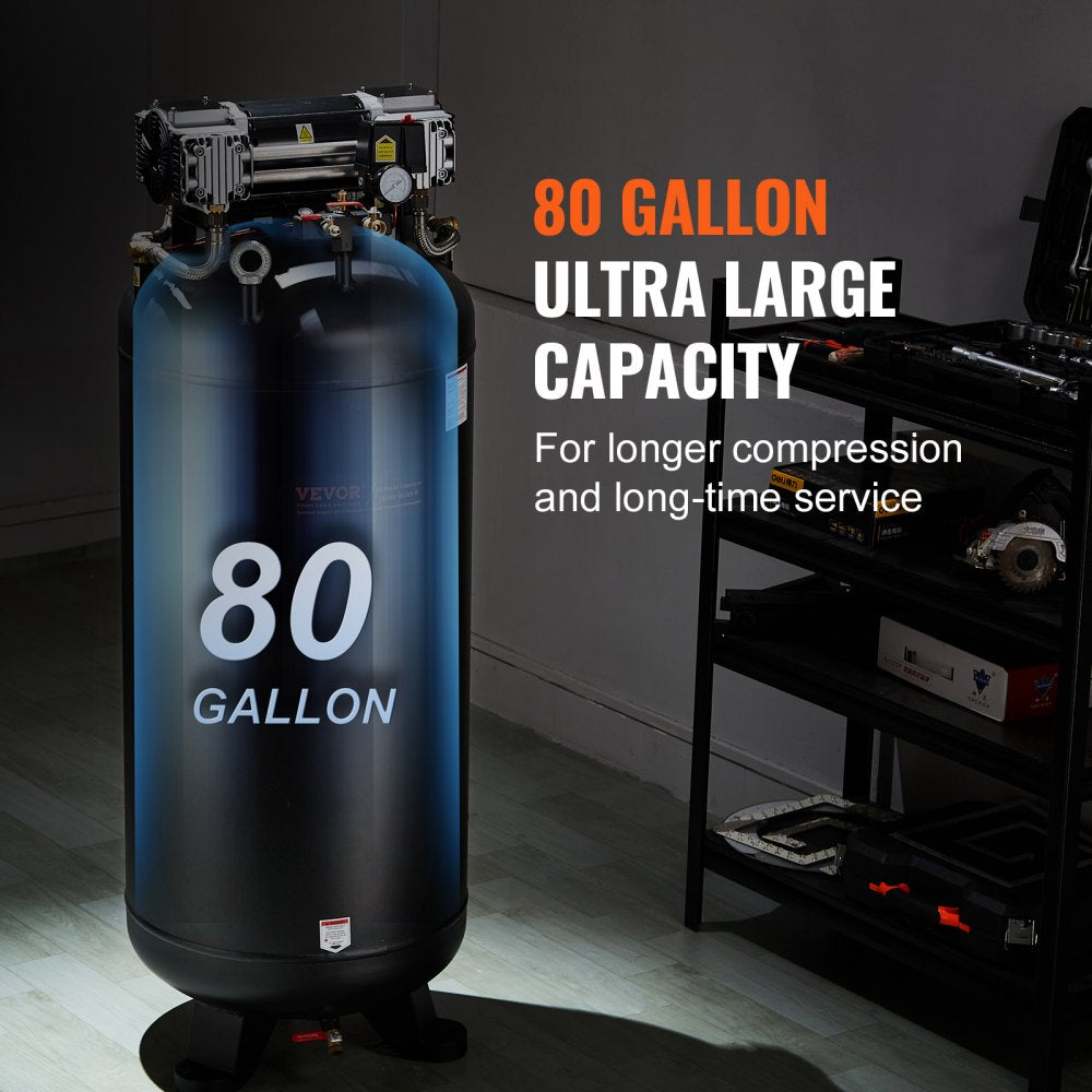 80-gallon vertical air compressor tank with attached pump and controls on a workshop floor.
