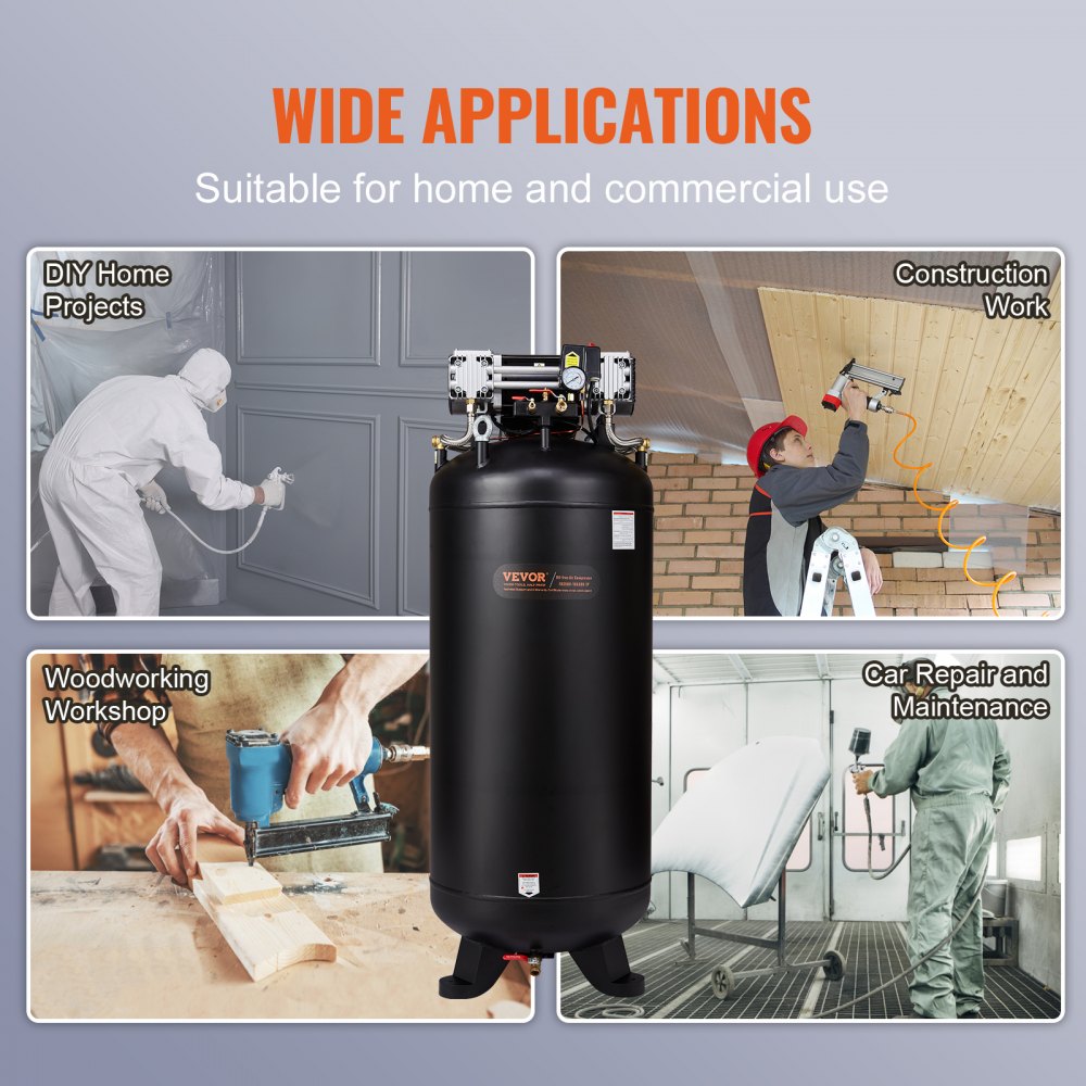 Black 80-gallon oil-free air compressor in workshop, DIY, construction, woodworking, and car repair settings.