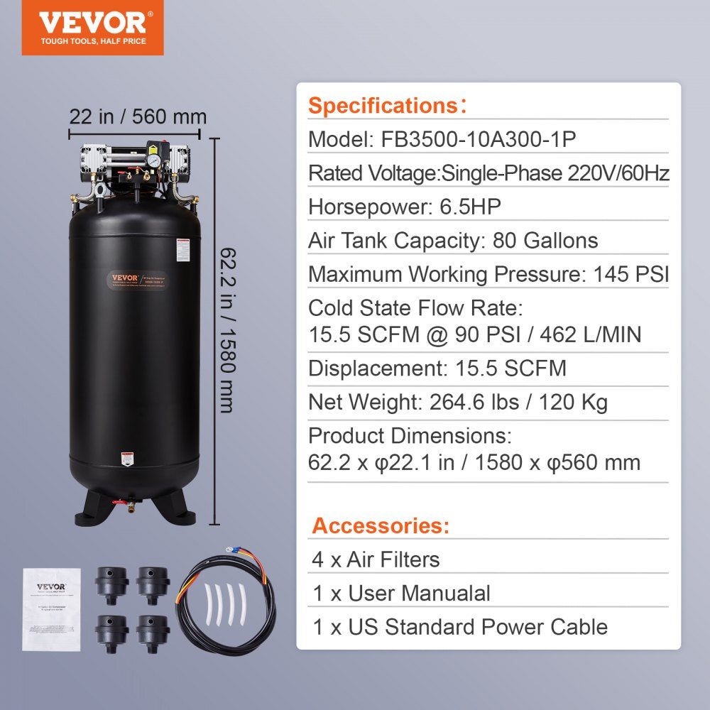 A black 80-gallon air compressor with specifications and accessories listed.