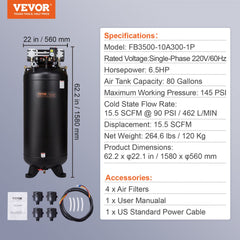 A black 80-gallon air compressor with specifications and accessories listed.