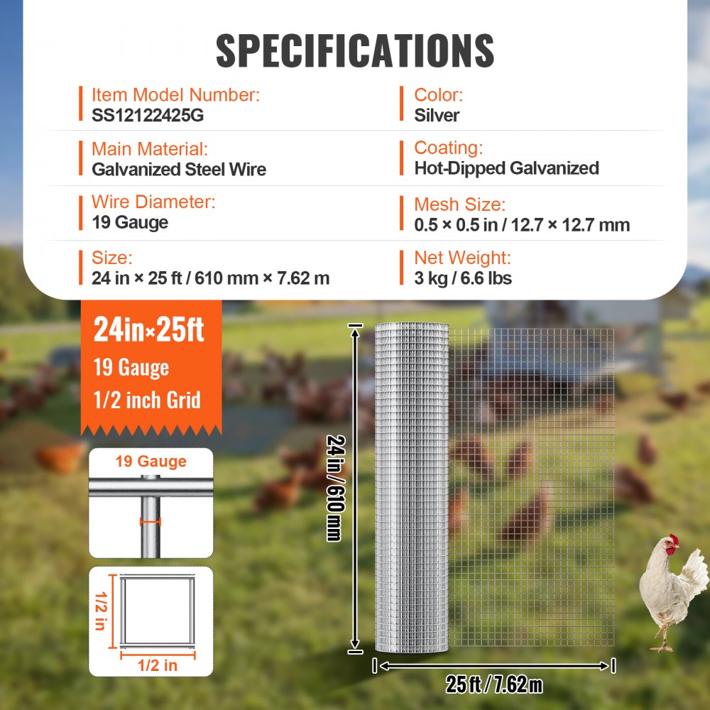 Hardware Cloth, 1/2 inch 24in x 25 ft 19 Gauge, Hot Dipped Galvanized Wire Mesh Roll, Chicken Wire Fencing, Wire Mesh for Rabbit Cages, Garden, Small Rodents