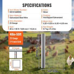 Hardware Cloth, 1/4 inch 48in x 50 ft 23 Gauge, Hot Dipped Galvanized Wire Mesh Roll, Chicken Wire Fencing, Wire Mesh for Rabbit Cages, Garden, Small Rodents