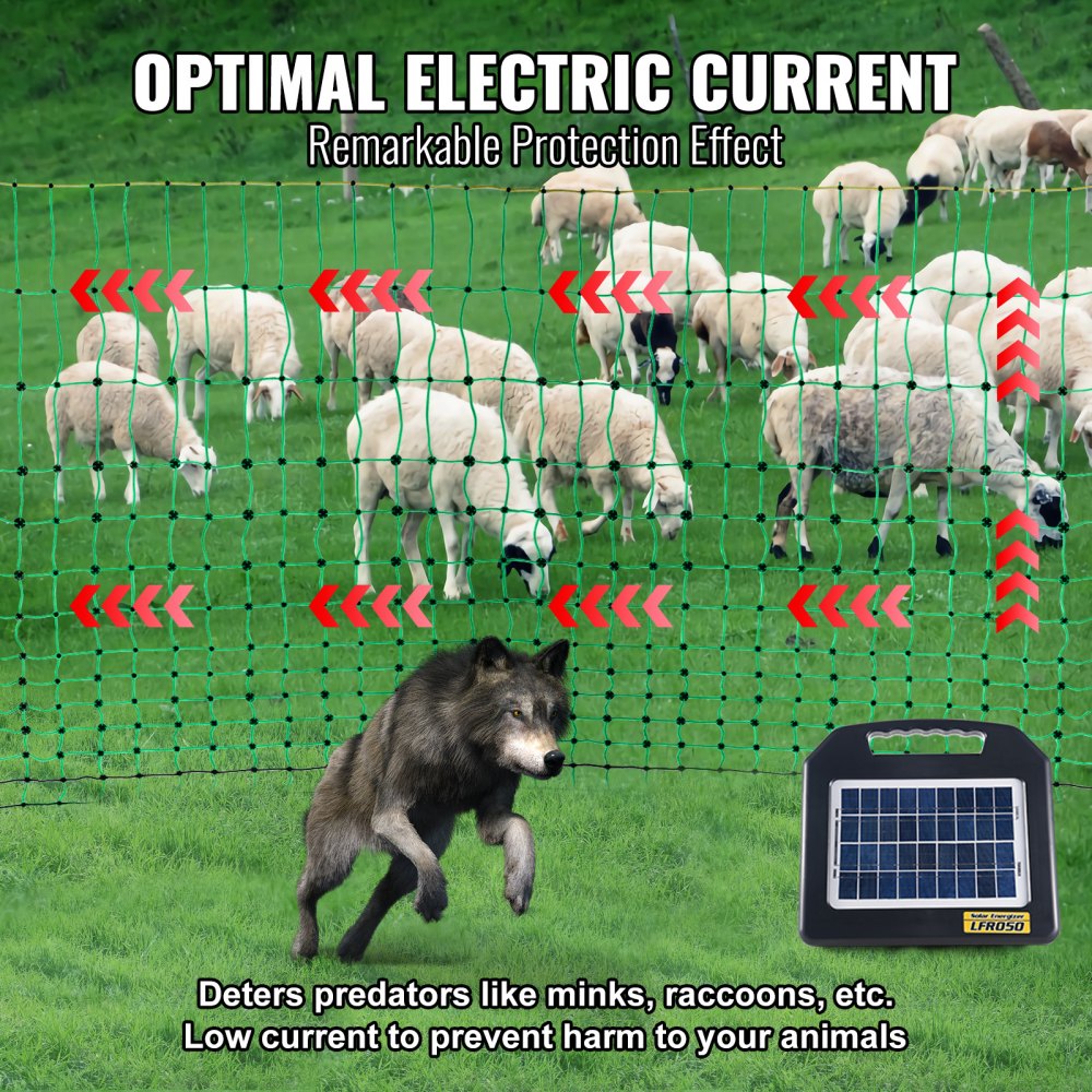 Portable 42-inch high electric fence netting with mesh design and double-spiked posts.