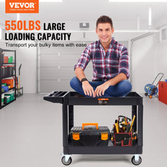 Utility Service Cart, 2 Shelf 550LBS Heavy Duty Plastic Rolling Utility Cart with 360° Swivel Wheels (2 with Brakes), Large Lipped Shelf, Ergonomic Storage Handle for Warehouse/Garage/Cleaning
