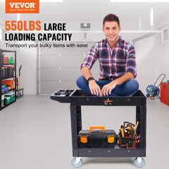 Utility Service Cart, 40 x 17 x 33 In - 2 Shelf 550LBS Heavy Duty Plastic Rolling Utility Cart with 360° Swivel Wheels, Medium Lipped Shelf, Ergonomic Storage Handle for Warehouse/Garage/Cleaning/Office