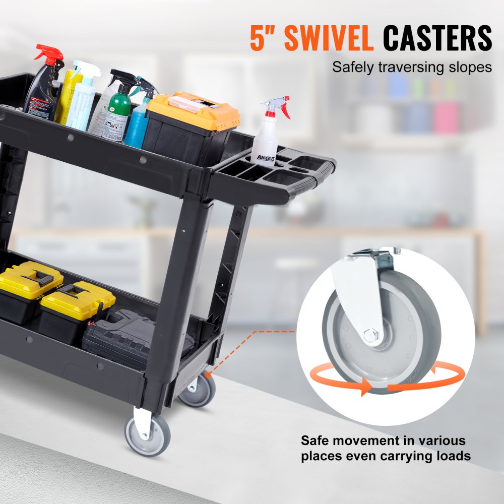 Utility Service Cart, 40 x 17 x 33 In - 2 Shelf 550LBS Heavy Duty Plastic Rolling Utility Cart with 360° Swivel Wheels, Medium Lipped Shelf, Ergonomic Storage Handle for Warehouse/Garage/Cleaning/Office